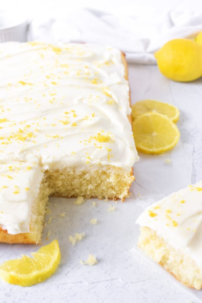 lemon sheet cake recipe made in a 9x13-inch glass or metal pan