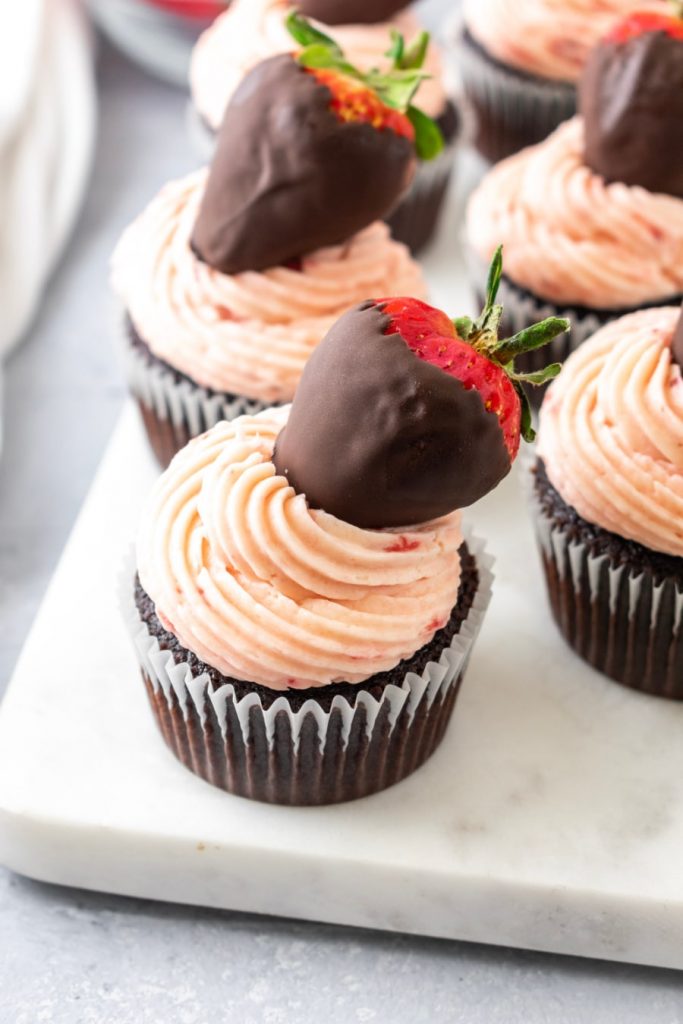 Dark Chocolate Covered Strawberry Cupcakes