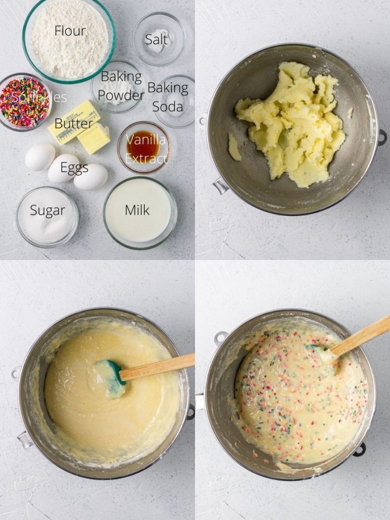 How to make funfeeti cake: gather the ingredients, cream together the butter and sugar, add the eggs and vanilla extract, add the flour and milk, then mix in the sprinkles