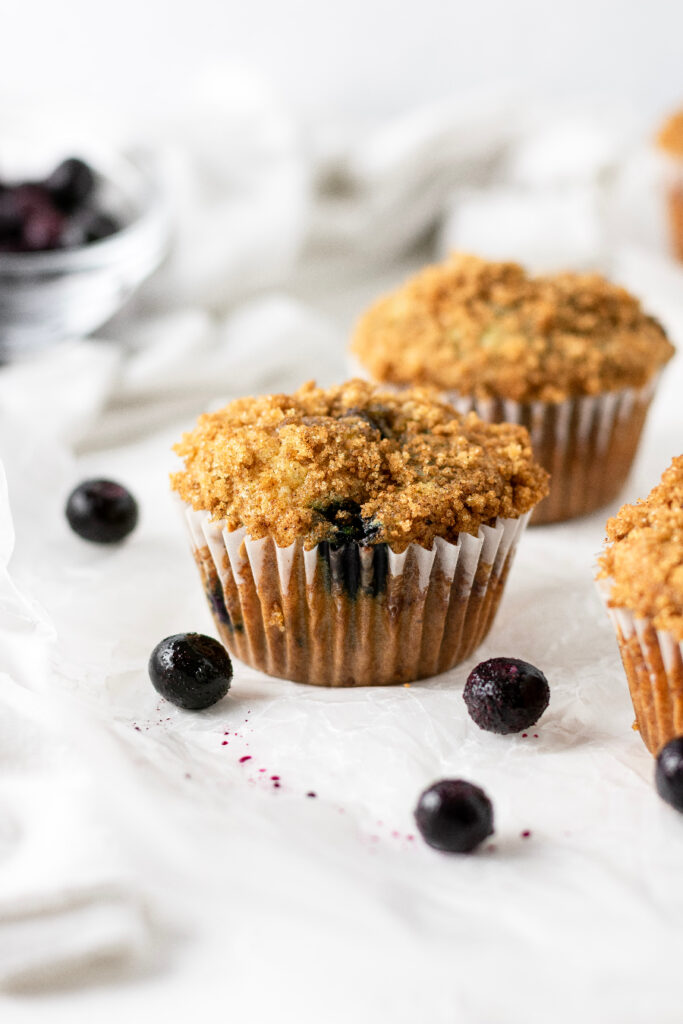 blueberry muffin recipe with a cinnamon topping surrounded by frozen blueberries