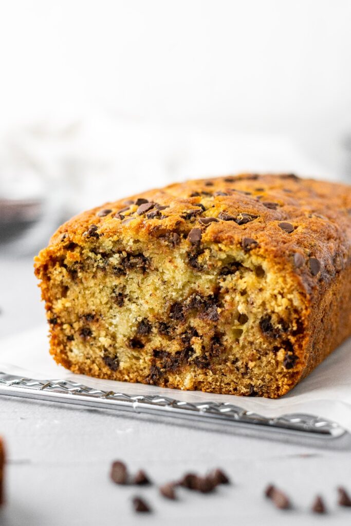 The best banana bread recipe with chocolate chips and melted butter.