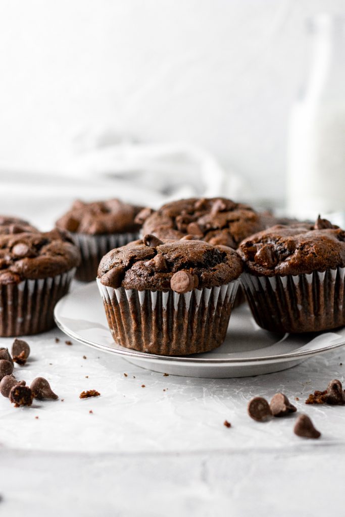 extremely chocolatey muffins with chocolate chips and cocoa powder