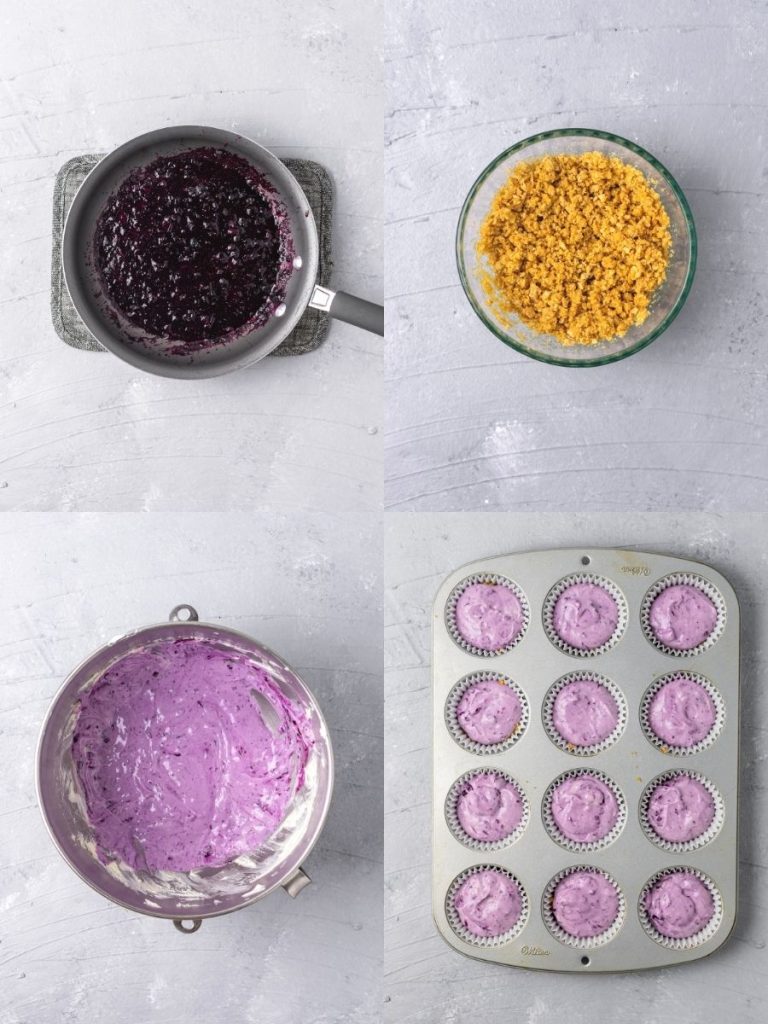 how to make blueberry cheesecakes. Blueberry puree, graham cracker crust, cheesecake filling, bake