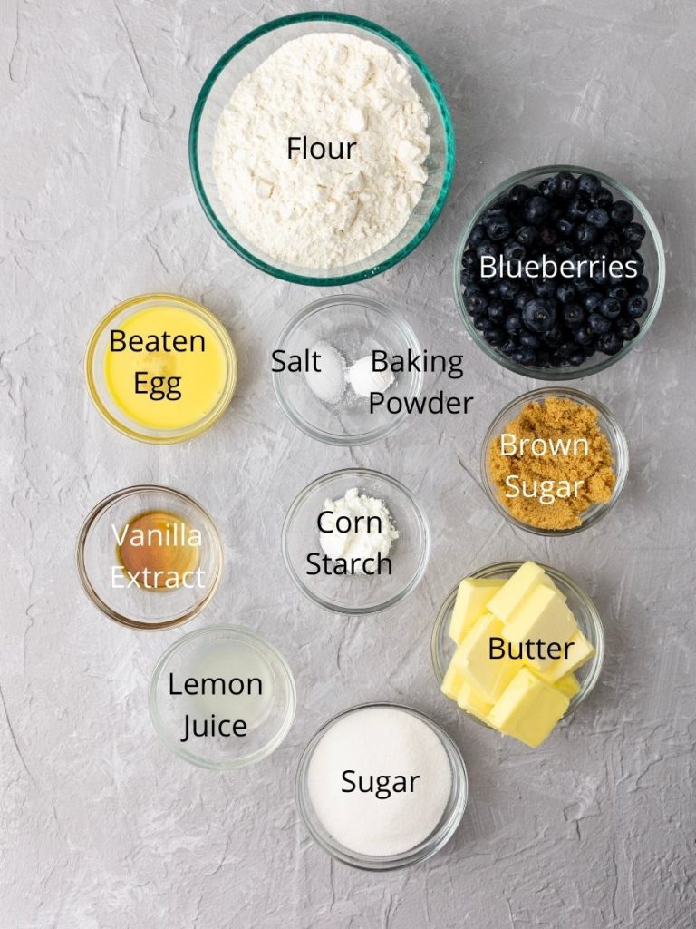 Ingredients needed to make blueberry bars: flour, beaten egg, salt, baking powder, blueberries, brown sugar, corn starch, vanilla extract, lemon juice, sugar, and butter