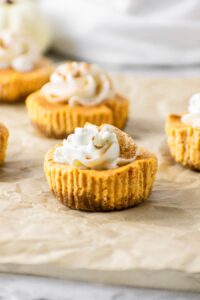 mini pumpkin cheesecakes with whipped cream on top