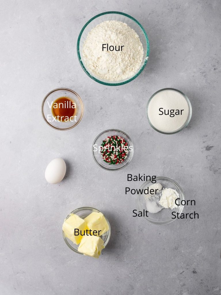 Ingredients needed: flour, sugar, vanilla extract, sprinkles, egg, baking powder, corn starch, salt, and butter
