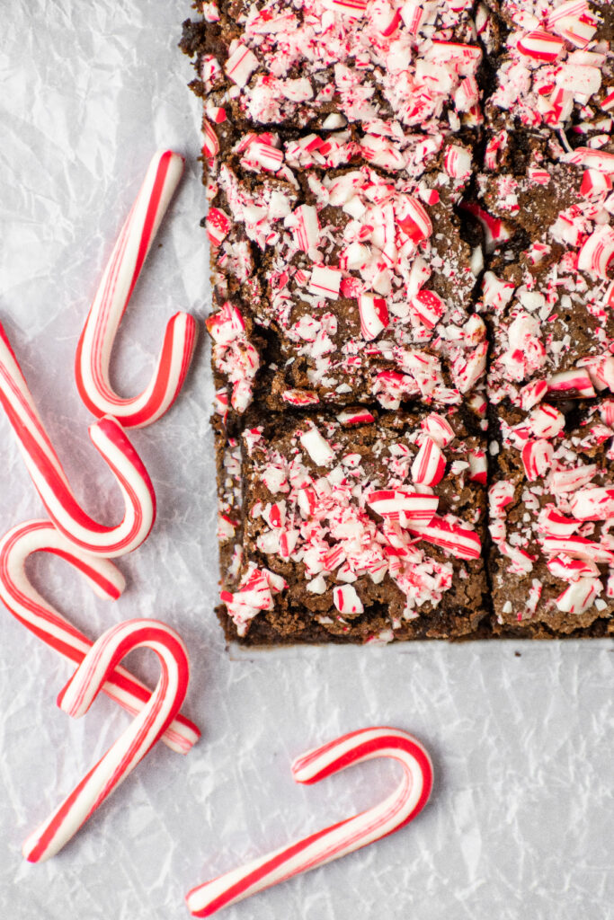 Candy cane brownies with mini candy canes.