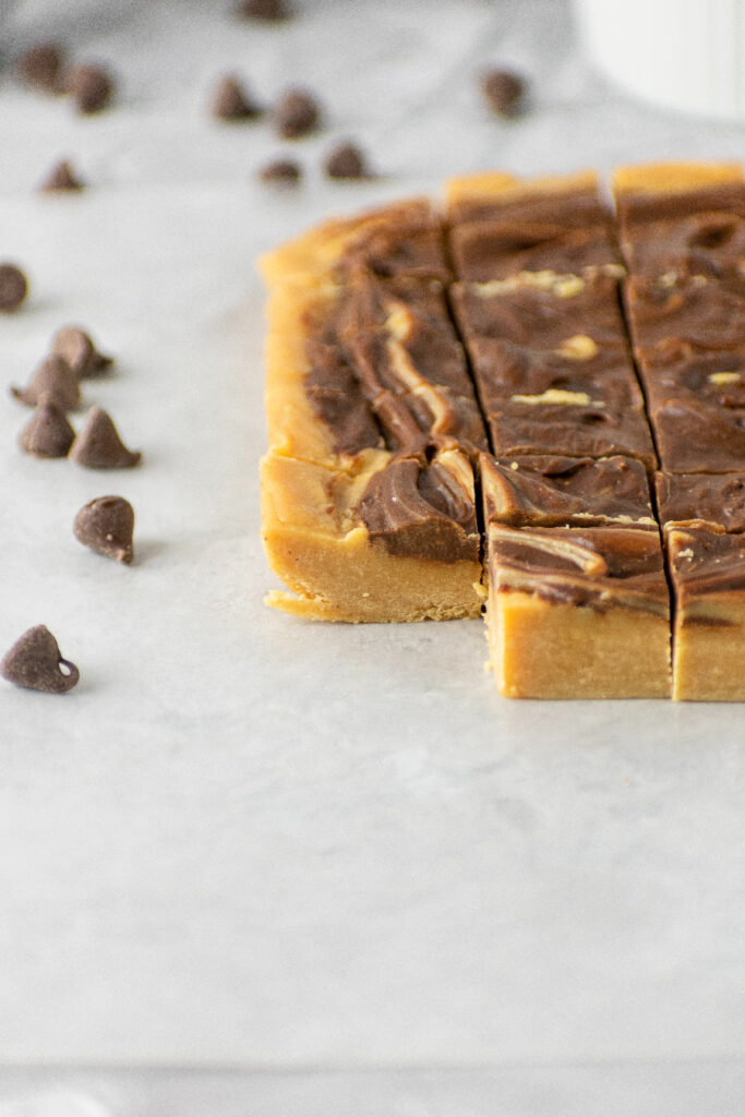 About 50 pieces of peanut butter fudge with semi-sweet chocolate swirls.