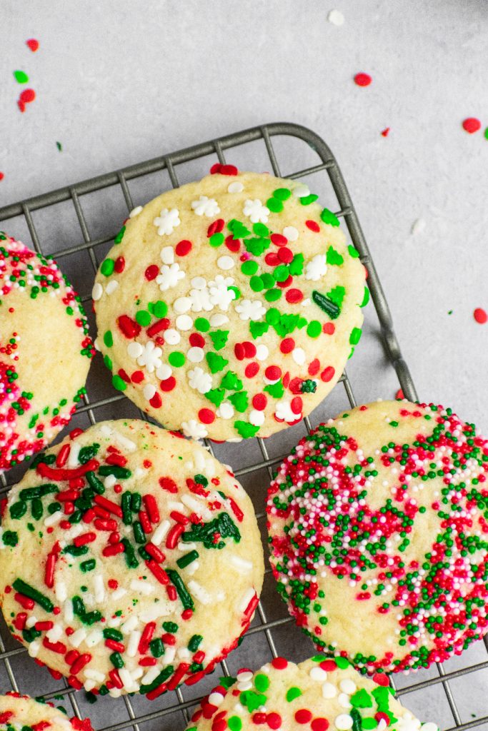 Christmas sugar cookies loaded with red, green, and white sprinkles.