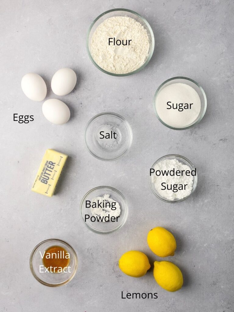Ingredients needed: flour, eggs, sugar, salt, butter, baking powder, powdered sugar, vanilla extract, and lemons.