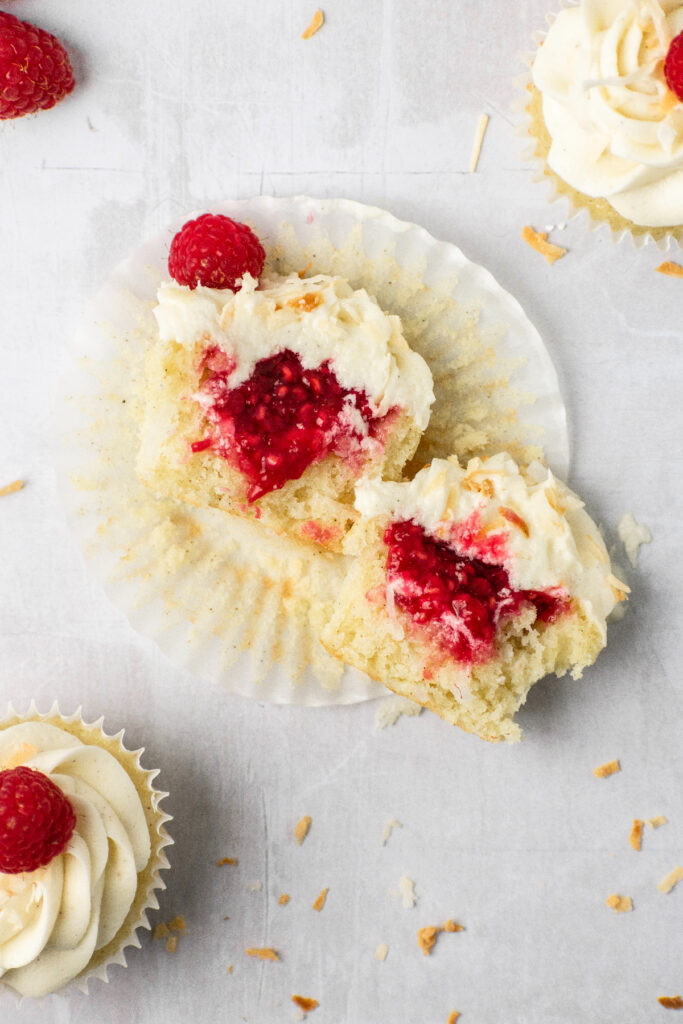 Raspberry filled cupcakes with homemade jam.