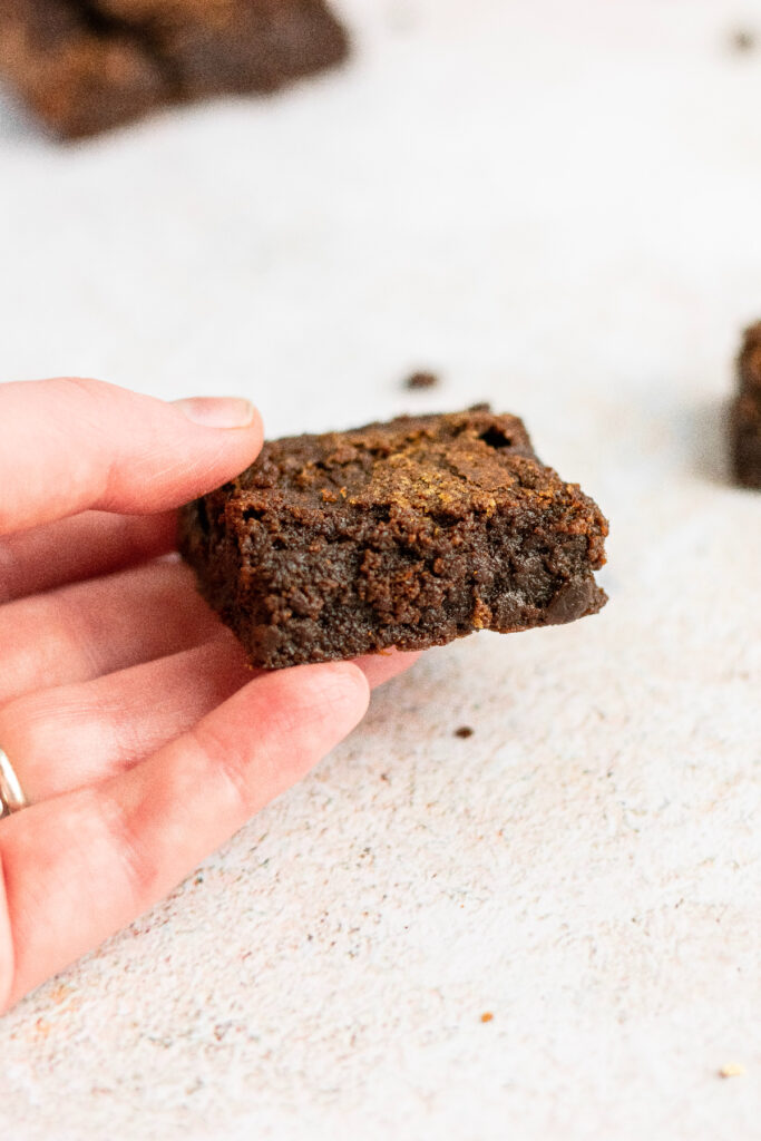 A hand holding a super fudgy brownie.