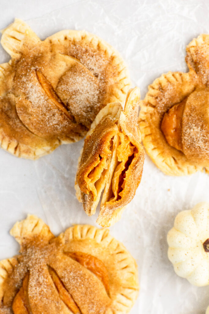 The inside look at the pumpkin filling inside of these mini pies.