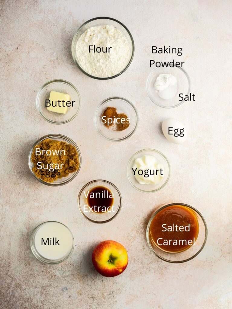 Ingredients needed: flour, baking powder, salt, butter, spices, egg, brown sugar, yogurt,vanill, milk, apple, and caramel.