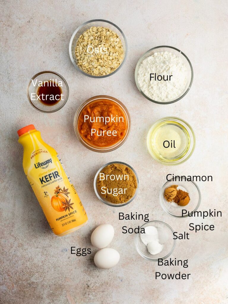 Ingredients needed: oats, flour, vanilla, pumpkin puree, oil, milk, brown sugar, spices, leavening agents, salt, and eggs.