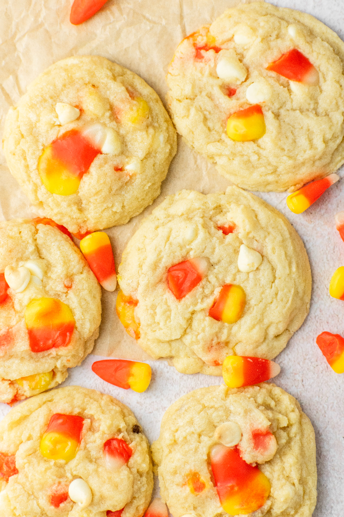 A half dozen candy corn cookies.