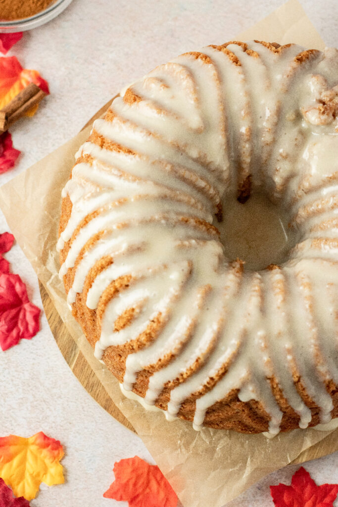 Looking down on an iced bundt cake.