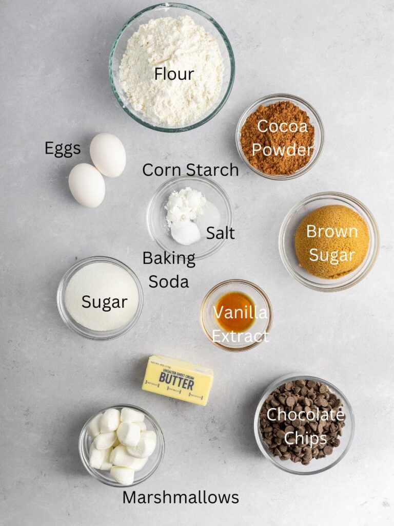 Ingredients needed: flour, eggs, corn starch, salt, baking soda, cocoa powder, brown sugar, sugar, vanilla, butter, marshmallows, and chocolate chips.