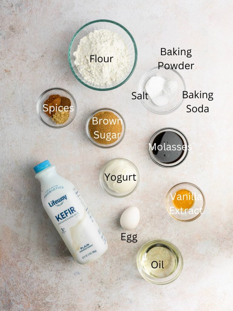 Ingredients needed: flour, baking powder, baking soda, salt, spices, brown sugar, molasses, yogurt, kefir, egg, vanilla, and oil.