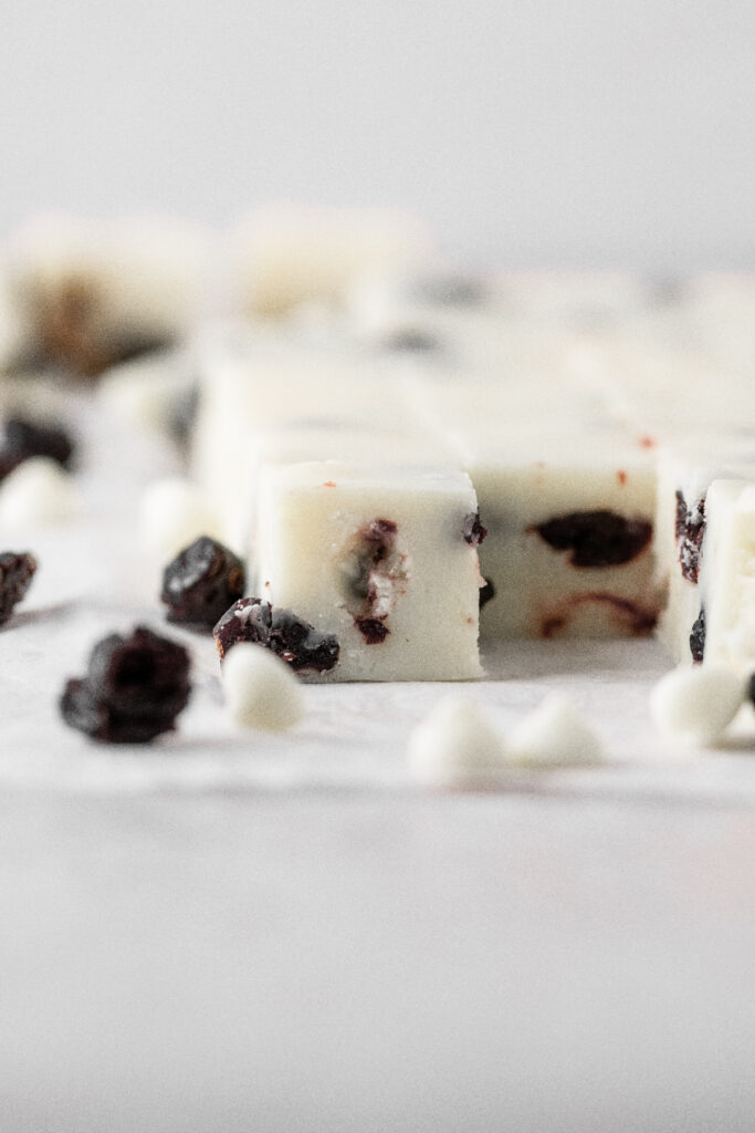 White chocolate fudge with white chocolate chips and dried cranberries.