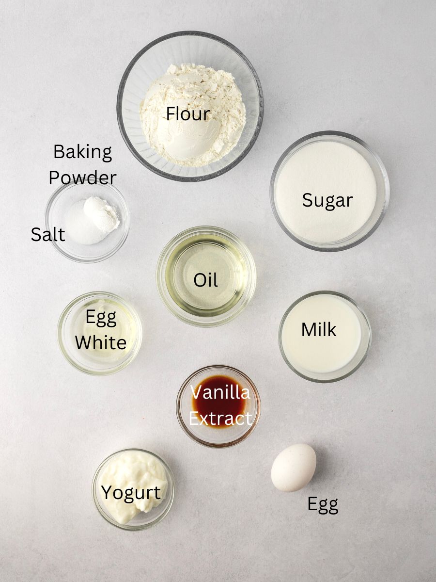Ingredients needed: flour, sugar, baking powder, salt, oil, yogurt, vanilla, and milk.