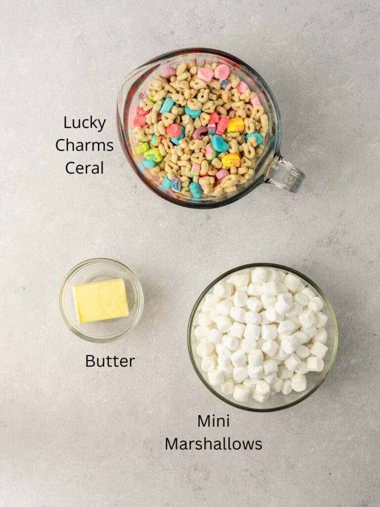 Ingredients needed: lucky charms, butter, and marshmallows.