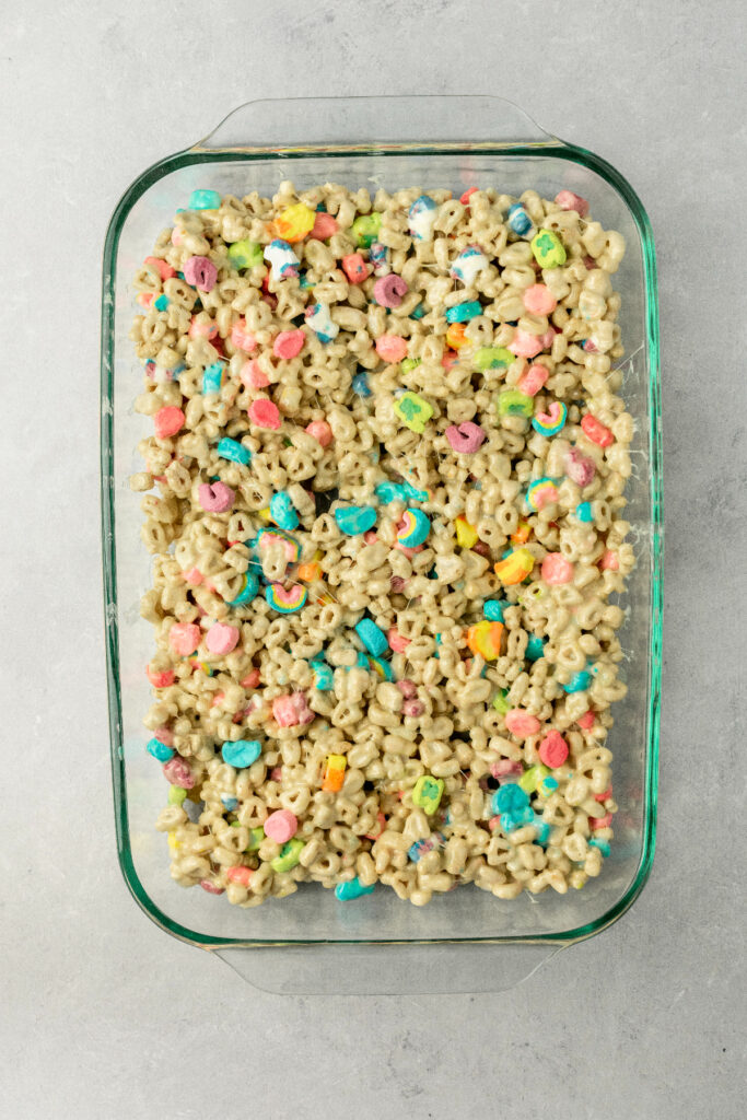 Lucky charms cereal in baking pan.