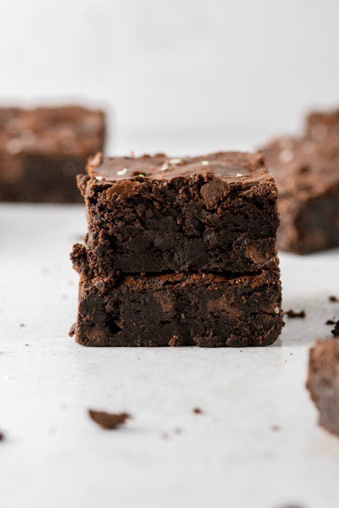 Stacked chocolate brownies.