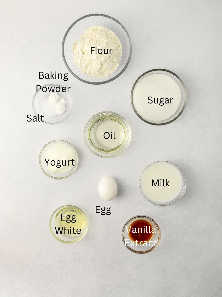 Ingredients: flour, sugar, baking powder, salt ,oil, yogurt, eggs, milk, and vanilla.