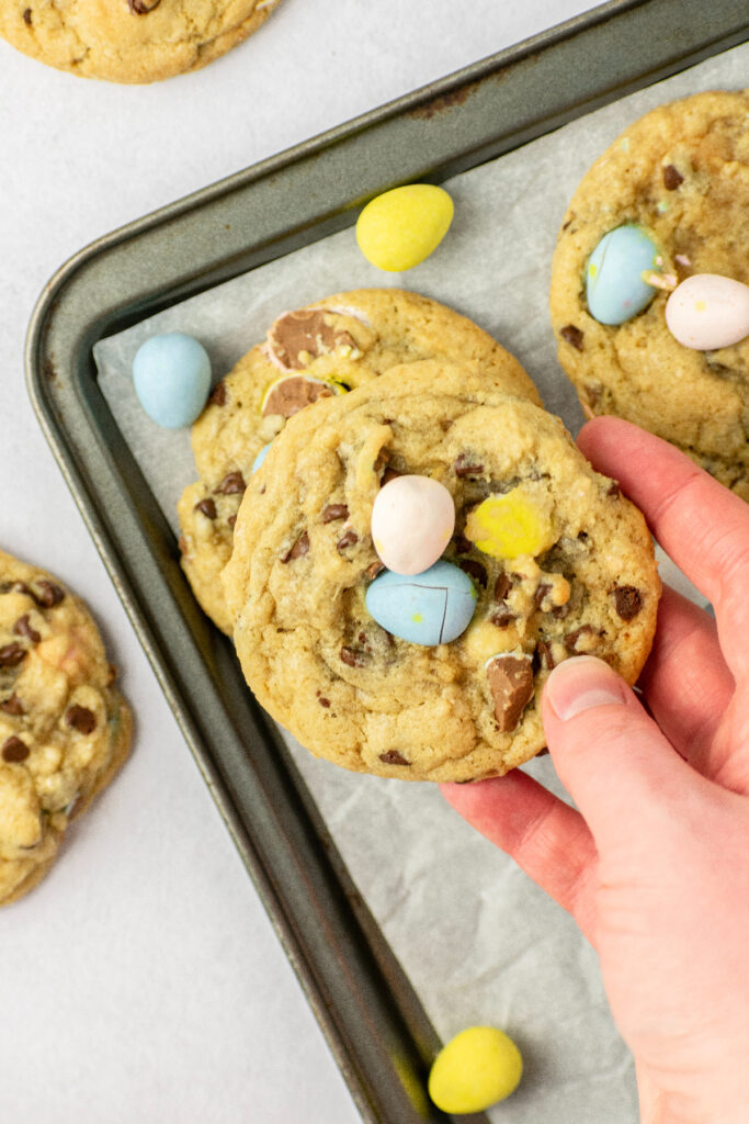 A hand picking up a cookie that is filled with mini chocolate chips and cadbury colored eggs.