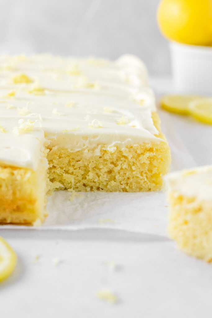 Soft and tender lemon cake with cream cheese frosting.