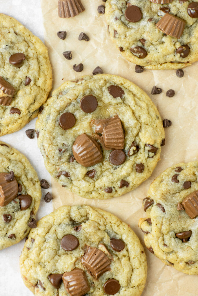 Several reese's cookies with mini chocolate chips scattered around them.