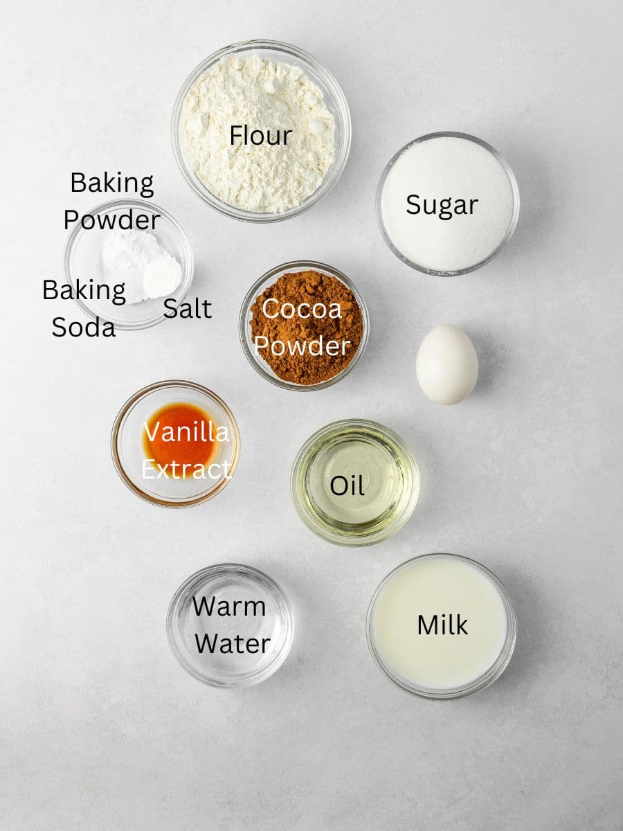 Ingredients: flour, sugar, baking powder, baking soda, salt, cocoa powder, egg, oil, vanilla, water, and milk.