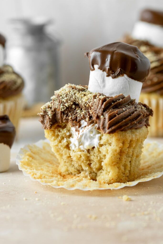 Close up of a marshmallow filled s'mores cupcake.