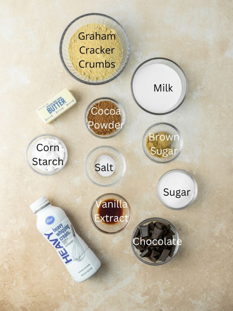 Ingredients: graham crackers, milk, butter, cocoa powder, brown sugar, corn starch, salt, sugar, vanilla, heavy cream, and chocolate.