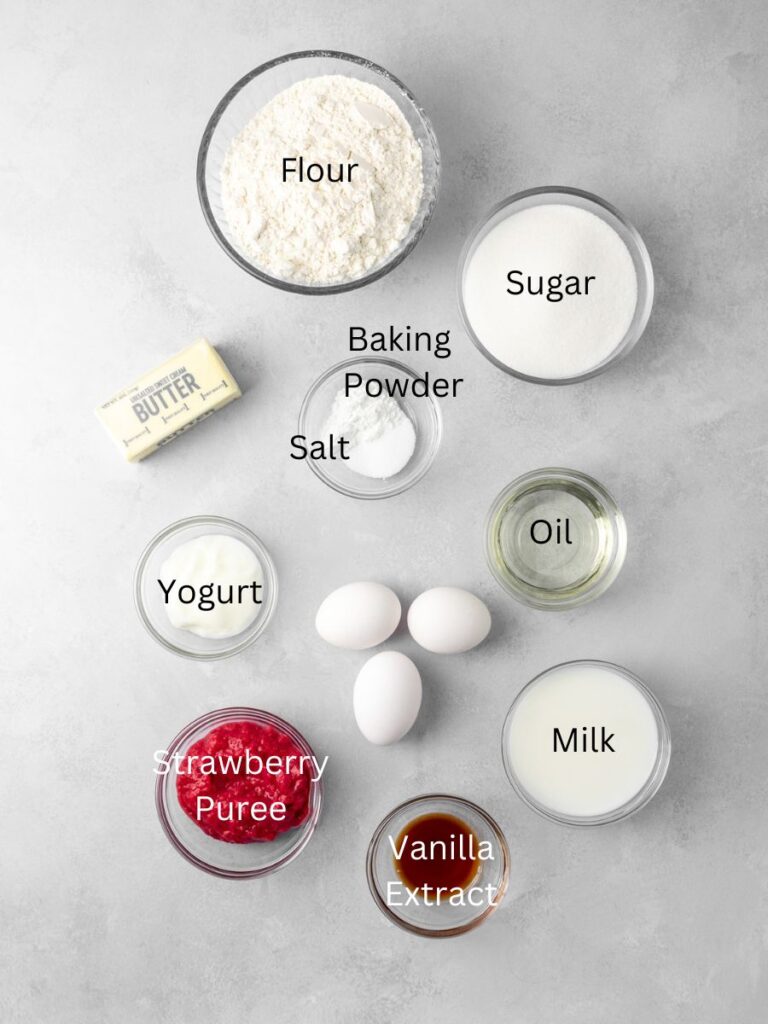 Ingredients: flour, sugar, baking powder, salt, butter, yogurt, oil, eggs, strawberry puree, vanilla, and milk.