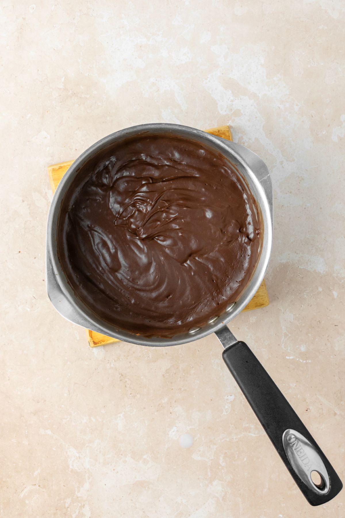 Chocolate pudding in a saucepan.