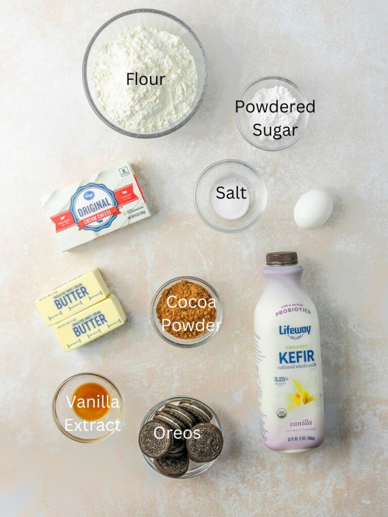 Ingredients: flour, powdered sugar, cream cheese, salt, egg, butter, cocoa powder, kefir, vanilla, and oreos.
