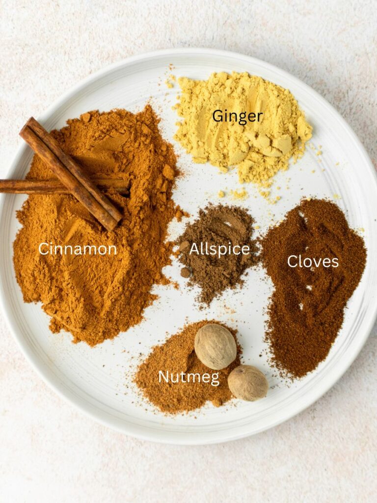 Ingredients: cinnamon, ginger, cloves, nutmeg, and allspice.