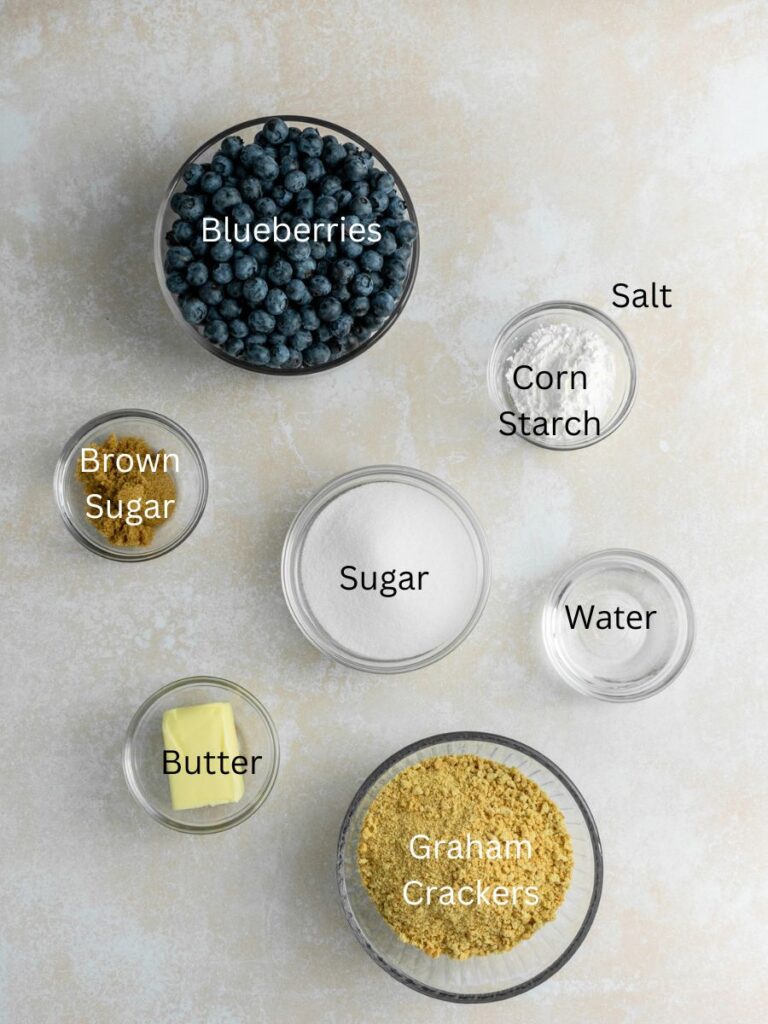 Ingredients: blueberries, salt, corn starch, brown sugar, butter, sugar, water, and graham crackers.