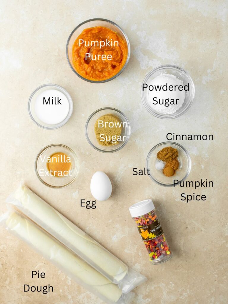 Ingredients: pumpkin puree, powdered sugar, milk, brown sugar, cinnamon, pumpkin spice, salt, vanilla, egg, sprinkles, and pie dough.