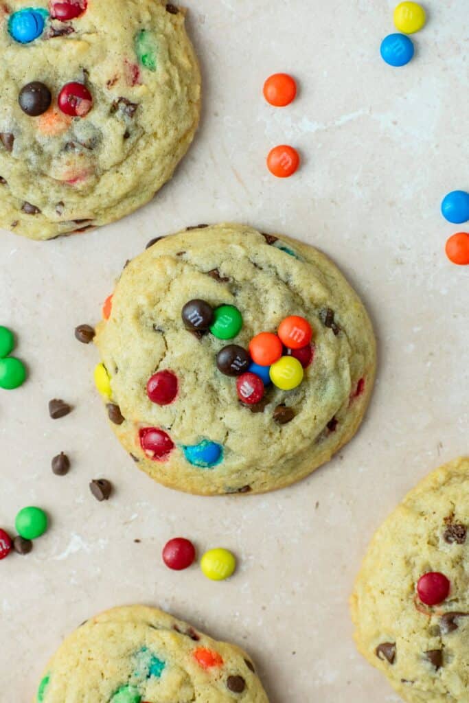 Thick and chewy m&m cookies.