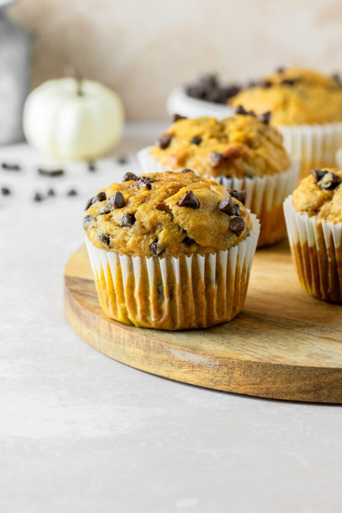 Chocolate chip pumpkin muffins sitting on top of a brown plate with a white pumpkin in the background.