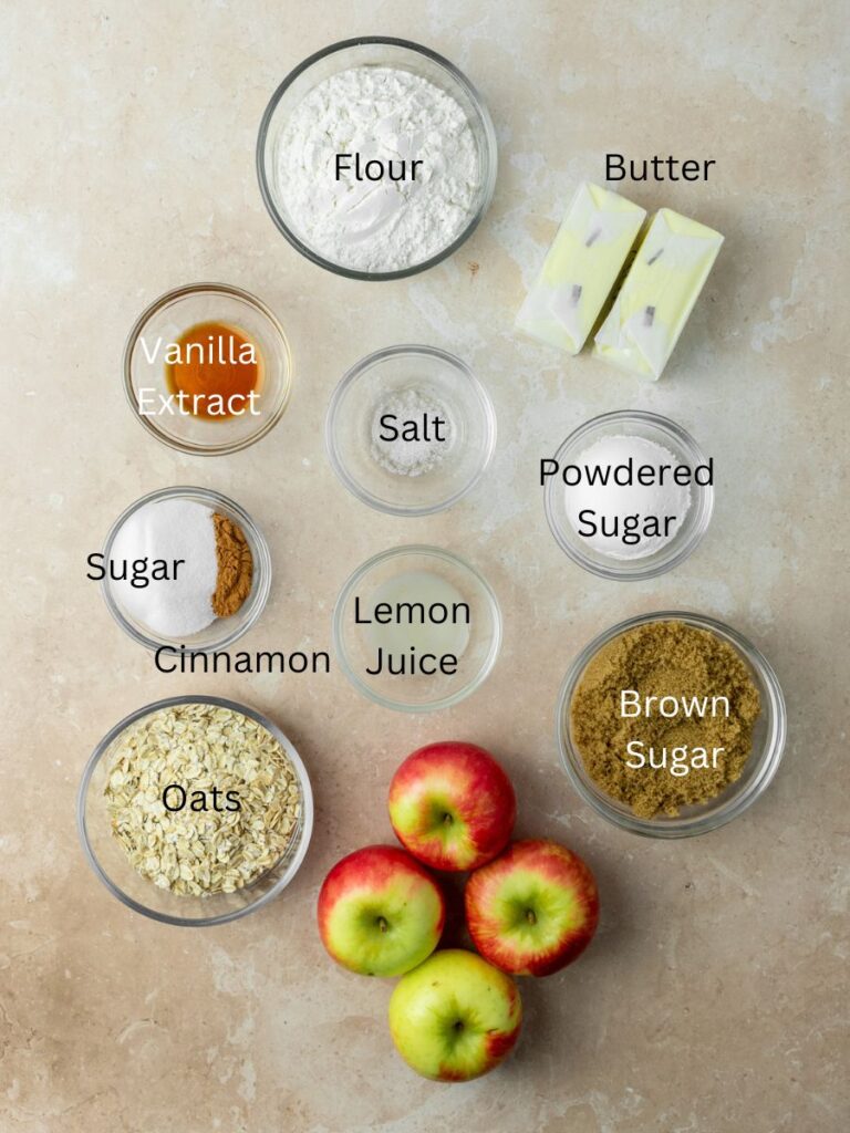 Ingredients: flour, butter, vanilla, salt, powdered sugar, sugar, cinnamon, lemon juice, brown sugar, oats, and apples.