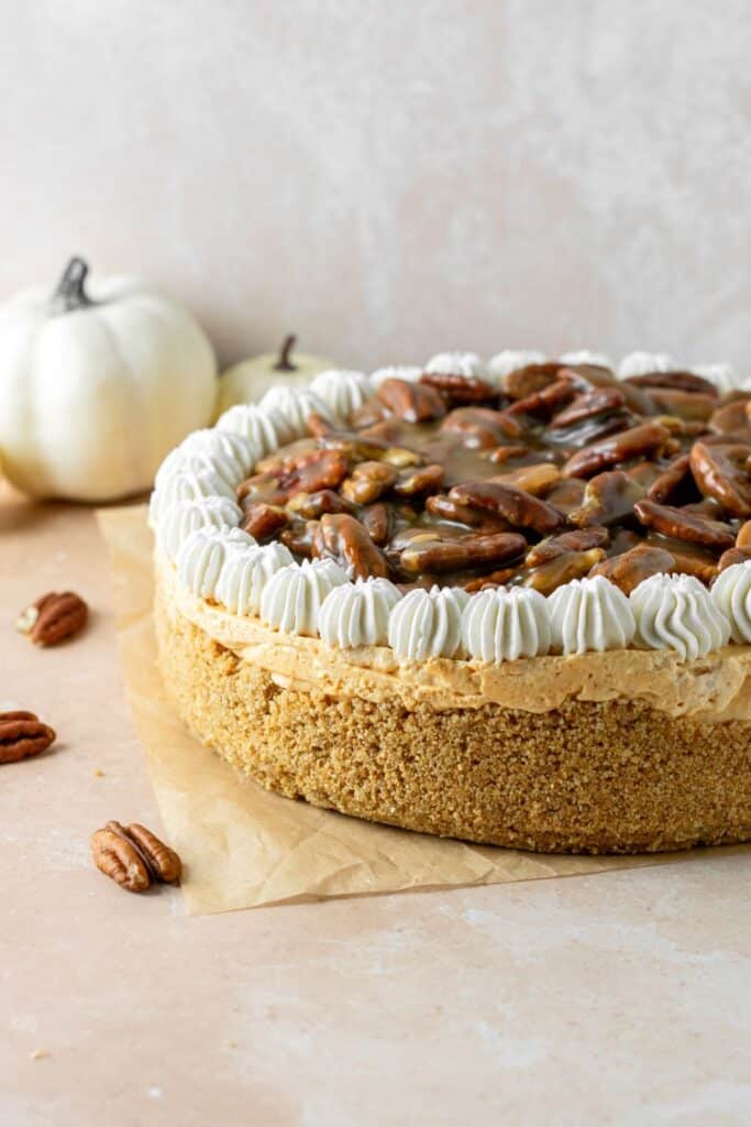Pumpkin pecan cheesecake recipe with a graham cracker crust, pecan pie topping, and whipped cream on top.