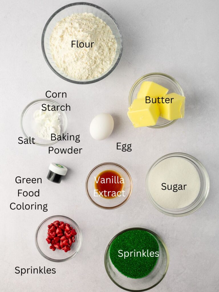 Ingredients needed: flour, butter, corn starch, baking powder, salt, egg, food coloring, vanilla, sprinkles, and sugar.
