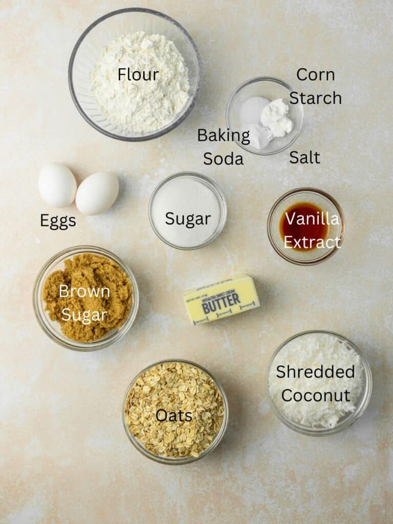 Ingredients: flour, corn starch, baking soda, salt, vanilla, sugar, eggs, brown sugar, butter, coconut flakes, and oats.