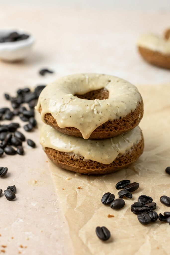 Espresso donuts with espresso glaze stacked on top of each other.