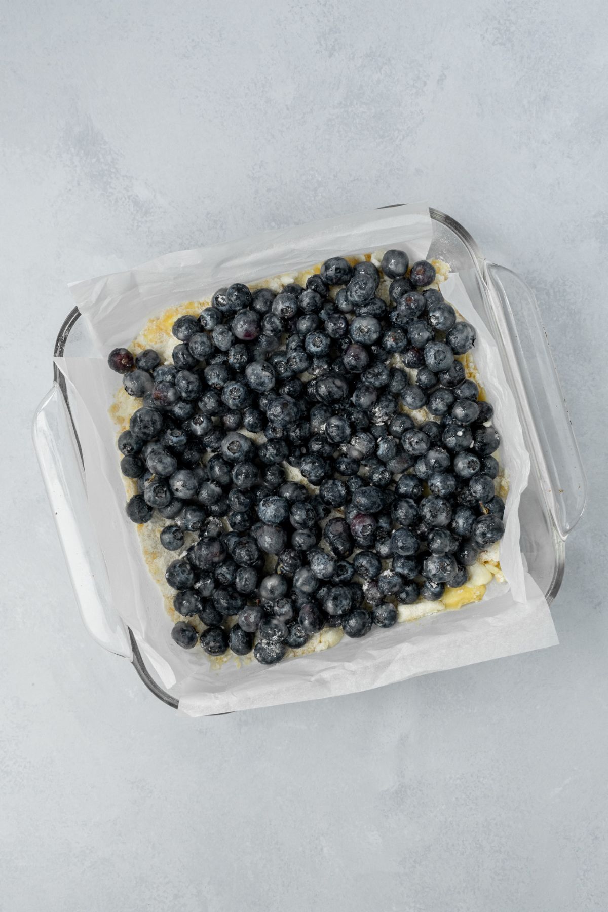 Blueberry pie filling on top of a shortbread crust.