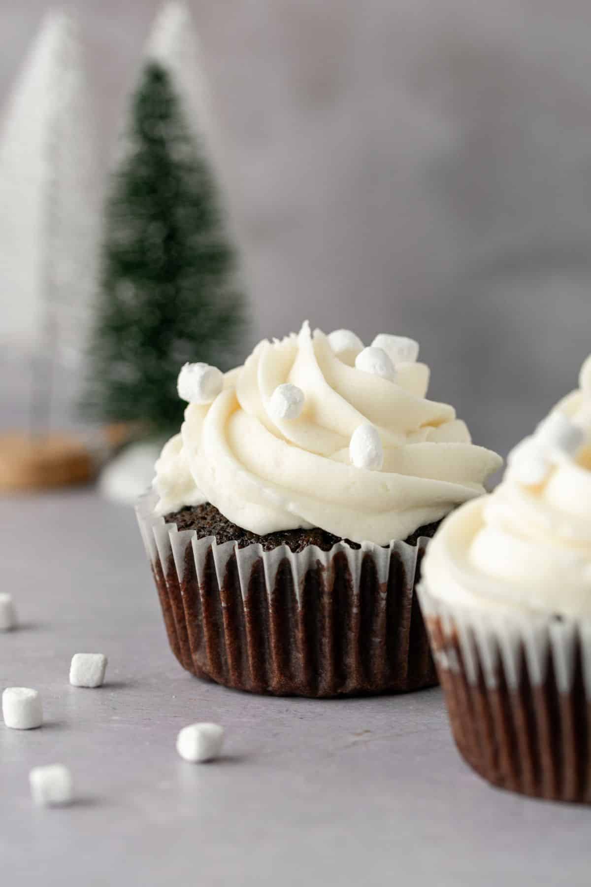 Hot cocoa cupcakes with marshmallow frosting and mini marshmallows on top.
